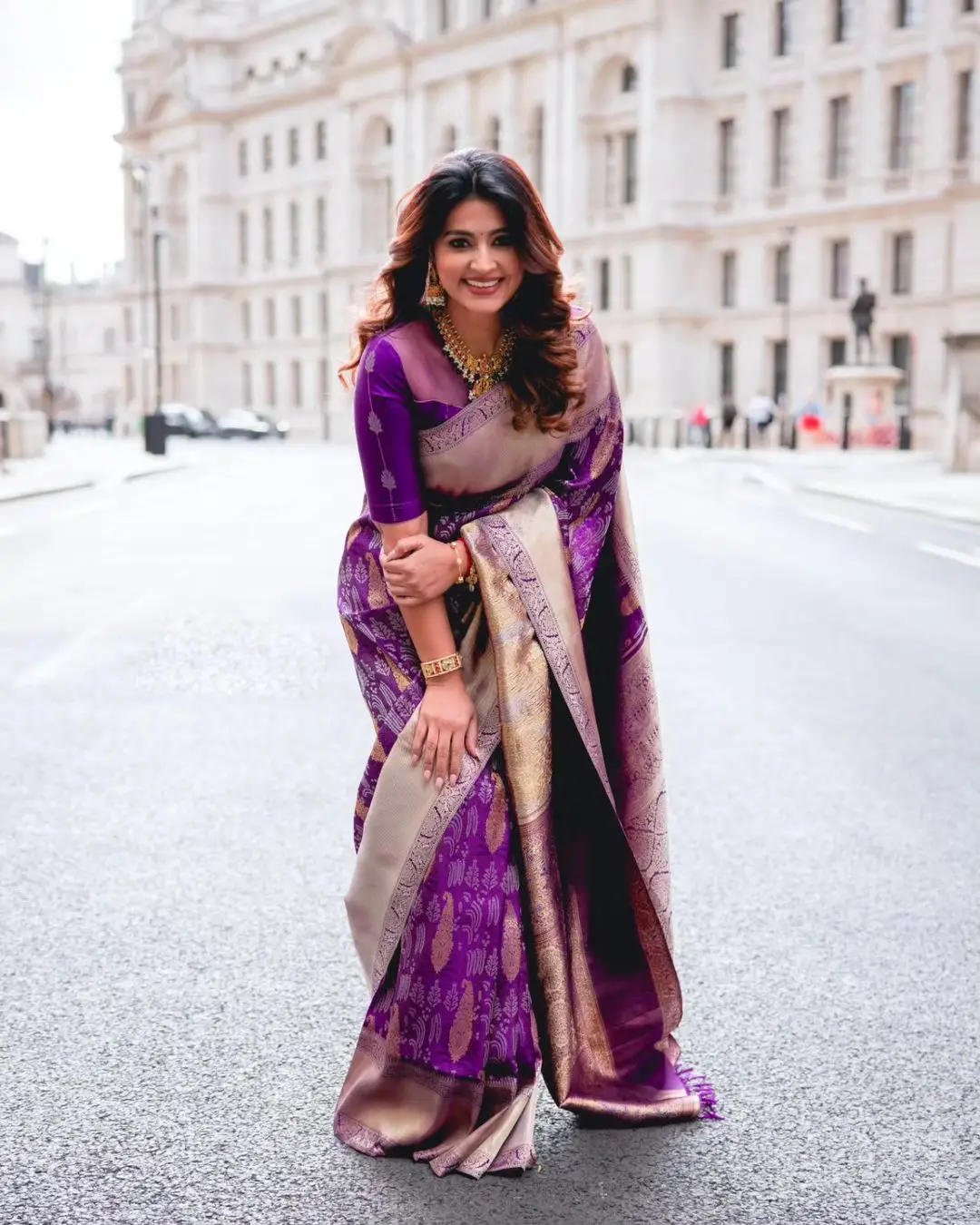 Sneha Wearing Beautiful Earrings Jewellery Blue Saree Blouse